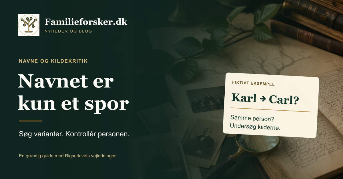 Navnet er kun et spor. Familieforsker.dks trælogo og et tydeligt fiktivt navnekort med Karl og Carl.