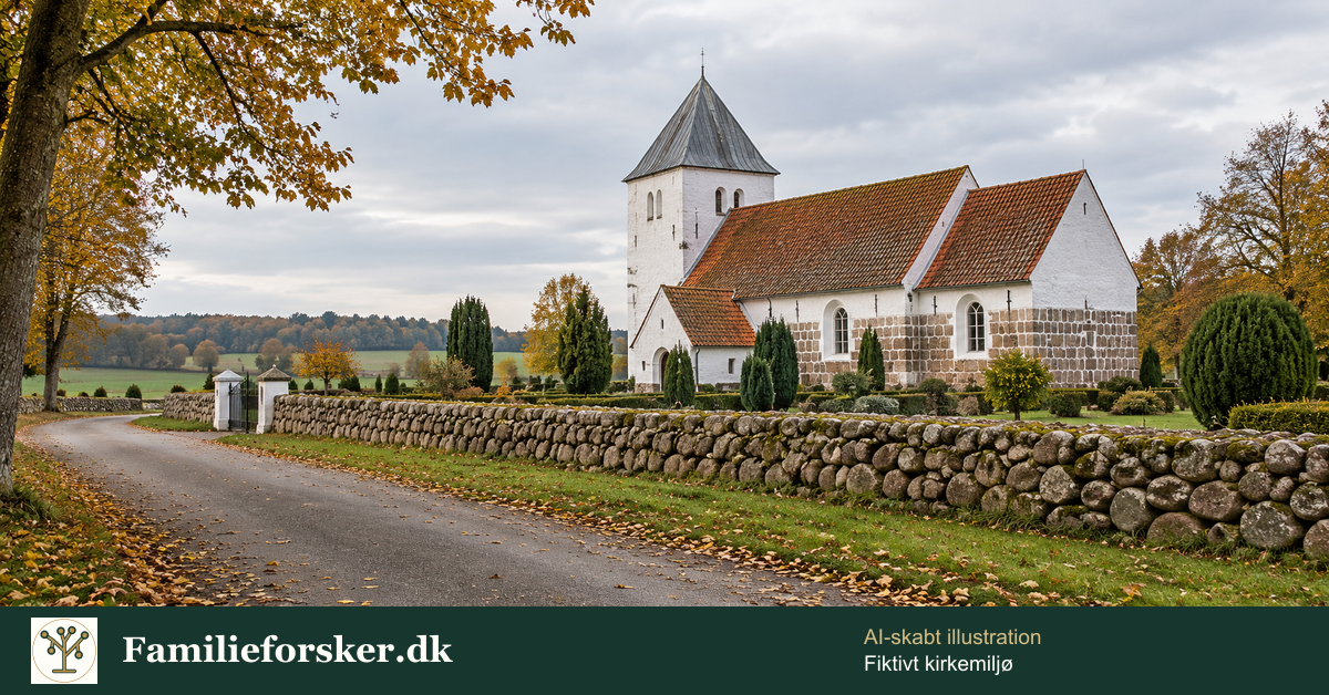AI-skabt illustration af en fiktiv hvid landsbykirke ved en stengærde i efterårslys, med Familieforsker.dks trælogo.